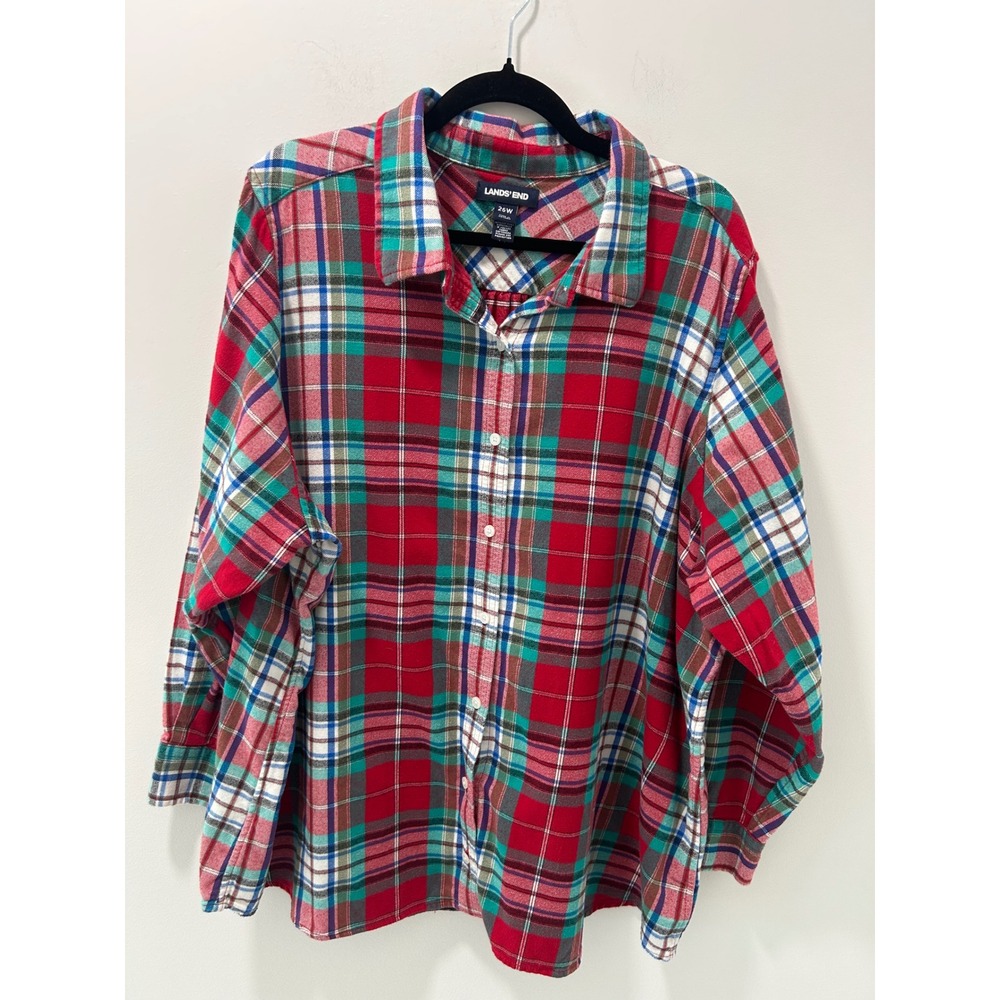 Lands End Womens Red Green Plaid Flannel Button Down Shirt 26W Plus Size Cotton